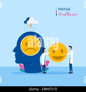 Concetto di salute mentale. I medici specialisti forniscono il trattamento all'illustrazione vettoriale del paziente. Illustrazione Vettoriale
