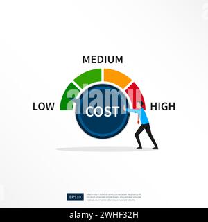 Uomo d'affari che trasforma il quadrante dei costi in un'illustrazione bassa. Riduzione dei costi, riduzione dei costi ed efficienza Illustrazione Vettoriale