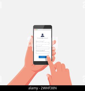 Informazioni sul modulo di registrazione online sullo schermo dello smartphone. Immagine vettoriale dell'interfaccia della pagina di accesso. Illustrazione Vettoriale