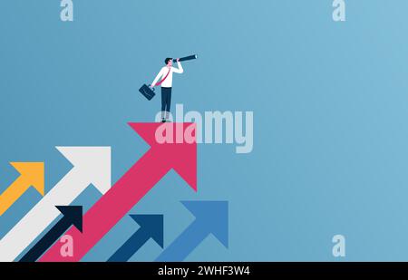 Uomo d'affari di successo in piedi sulla figura del vettore freccia. Illustrazione Vettoriale