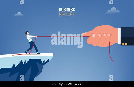 Uomo d'affari e grande mano tirano il concetto di corda. Illustrazione vettoriale del simbolo della rivalità commerciale Illustrazione Vettoriale