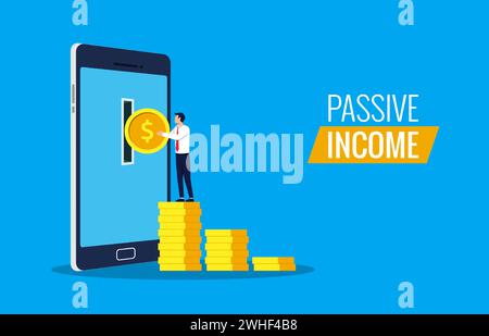 Reddito passivo dal concetto online. Uomo d'affari che prende soldi dallo smartphone. Illustrazione Vettoriale
