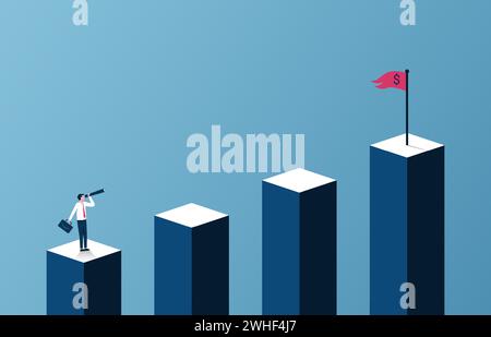 Concetto di crescita del business e della carriera con un uomo d'affari che cerca un'illustrazione mirata. Illustrazione Vettoriale
