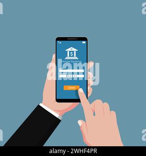 Illustrazione vettoriale di uno smartphone che tiene a mano i servizi di mobile banking. Illustrazione Vettoriale