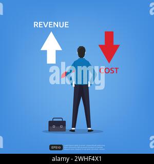Le viste in piedi dell'uomo d'affari scorrono verso l'alto e verso il basso per il simbolo di ricavi e costi. Illustrazione vettoriale del concetto aziendale Illustrazione Vettoriale