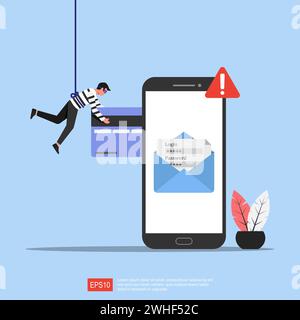 Illustrazione del concetto di phishing. Cyber crimine e frode online con simbolo di avviso telefonico. Illustrazione Vettoriale