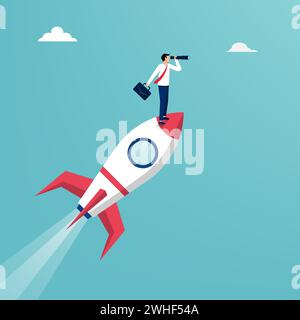 Uomo d'affari in piedi sulla navetta spaziale che vola verso il cielo. Concetto di percorso aziendale e professionale. Illustrazione Vettoriale