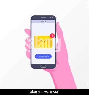Tenere a mano lo smartphone con la notifica di un nuovo messaggio sul simbolo dello schermo del telefono. Illustrazione Vettoriale