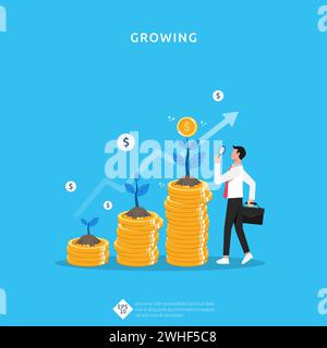 Illustrazione della crescita delle monete in denaro vegetale per il concetto di investimento. Rendimento del profitto aziendale del ritorno sugli investimenti Illustrazione Vettoriale
