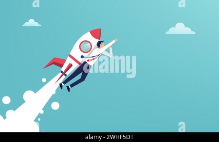 Uomo d'affari che vola con un'illustrazione jet pack. Successo nel business e nel concetto di carriera Illustrazione Vettoriale