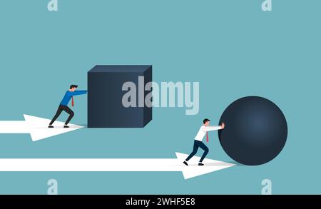 Concetto di lavoro intelligente ed efficienza. Uomo d'affari che rotola la sfera di roccia mentre un'altra illustrazione in pietra cubica. Illustrazione Vettoriale