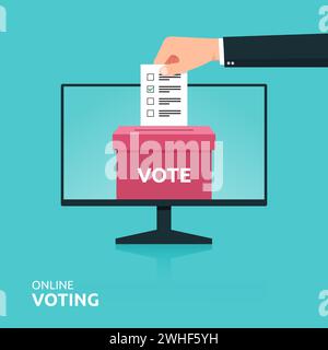 Concetto di voto online con l'uomo che mette la carta di voto nella casella delle votazioni sull'illustrazione vettoriale dello schermo del computer. Illustrazione Vettoriale