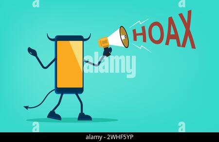 Il carattere dello smartphone urla utilizzando il megafono con il concetto di testo bufalo. Falsa notizia o messaggi immagine vettoriale piatta. Illustrazione Vettoriale