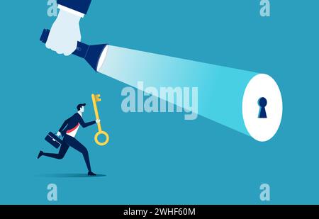 Scoprire la soluzione per i problemi, Una torcia portatile che mostra l'illustrazione vettoriale del simbolo della chiave del foro Illustrazione Vettoriale