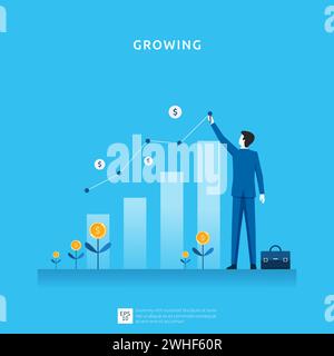 Illustrazione della crescita aziendale per il concetto di investimento intelligente. Rendimento o reddito dei profitti, simbolo del ritorno sugli investimenti Illustrazione Vettoriale