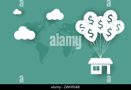 Illustrazione vettoriale del negozio appeso su palloncini con segno di dollaro. Espansione aziendale o apertura di un nuovo concetto di mercato. Illustrazione Vettoriale