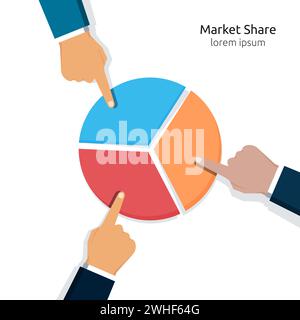 Concetto di business relativo alla quota di mercato, profitto relativo alla quota economica finanziaria con illustrazione del simbolo del grafico a torta Illustrazione Vettoriale
