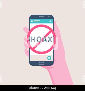 le notizie di bufala si diffondono utilizzando l'app di messaggistica di gruppo per smartphone sul vettore delle mani Illustrazione Vettoriale