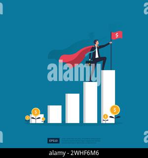 Uomo d'affari di successo con cape in cima. pianificazione della carriera, percorso verso l'obiettivo, miglioramento e sviluppo per raggiungere il successo Illustrazione Vettoriale