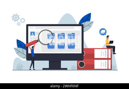 Dipendenti che cercano e indicizzano documenti di file. Illustrazione del concetto di gestione file e archiviazione dati. Illustrazione Vettoriale