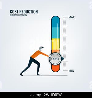 Uomo d'affari che trasforma il quadrante dei costi in un'illustrazione bassa. Riduzione dei costi, riduzione dei costi ed efficienza Illustrazione Vettoriale