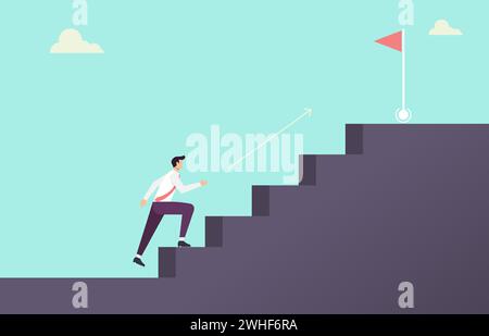 Uomo d'affari che sale la scala fino in cima. Crescita dei concetti aziendali e percorso verso il successo Illustrazione Vettoriale