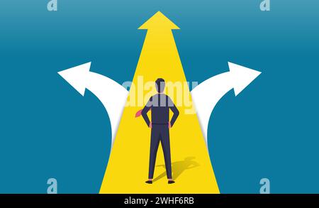 L'uomo d'affari deve scegliere tra tre diverse scelte indicate da frecce che puntano in direzione opposta, scegliendo il percorso corretto Illustrazione Vettoriale