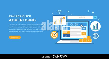 Pay per click, marketing di ricerca, pubblicità a pagamento, pubblicità online, illustrazione di banner vettoriali piatti. Illustrazione Vettoriale