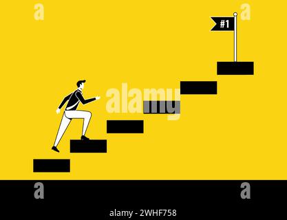 Successo nel concetto di sviluppo della carriera aziendale. Uomo d'affari che sale in cima per raggiungere il simbolo della bandiera. Illustrazione Vettoriale