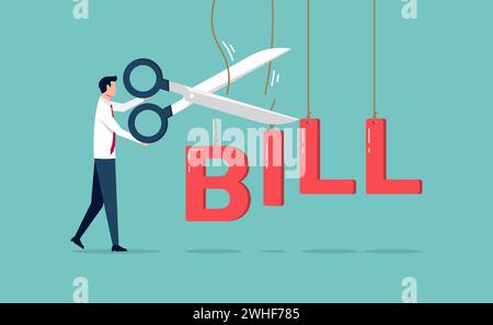 Concetto di riduzione o riduzione dei costi. Simbolo dell'efficienza aziendale e dell'ottimizzazione dei costi. Uomo d'affari che taglia l'illustrazione vettoriale dell'alfabeto delle banconote Illustrazione Vettoriale