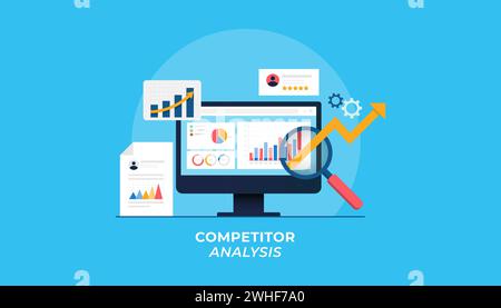 Concetto di analisi della concorrenza, analisi dei dati di marketing, marketing basato sui dati, analisi della strategia aziendale banner vettoriale piatto isolato su backgro blu Illustrazione Vettoriale