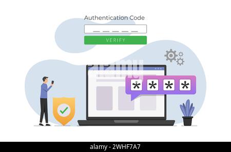 Concetto di identità di verifica tramite password e codice di sicurezza. Codice di autenticazione per l'illustrazione vettoriale del sistema sicuro Illustrazione Vettoriale