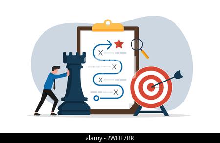 Uomo che spinge il pezzo degli scacchi, concetto di pianificazione strategica, strategia di sviluppo aziendale, tattiche di imprenditorialità, pianificazione strategica per overcom Illustrazione Vettoriale