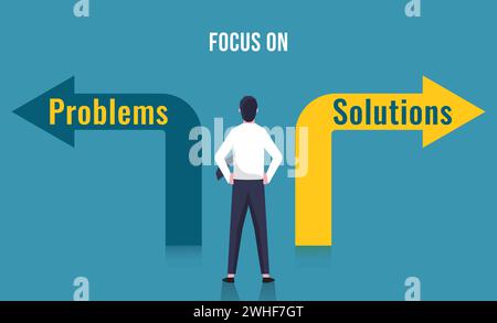 Concentrarsi sulle soluzioni e non sul concetto di problemi. Uomo d'affari in piedi all'incrocio con il messaggio Illustrazione Vettoriale