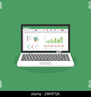 Icona del foglio di calcolo sullo schermo piatto del notebook. Concetto di relazione sulla contabilità finanziaria. oggetti di ufficio per la pianificazione e la contabilità, l'analisi, l'audit, la gestione dei progetti Illustrazione Vettoriale