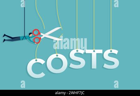 I costi riducono la progettazione concettuale. Uomo d'affari che taglia le parole di costo con le forbici. Riduzione dei costi, efficienza dei costi e risparmio sui costi illustrazione vettoriale piatta Illustrazione Vettoriale