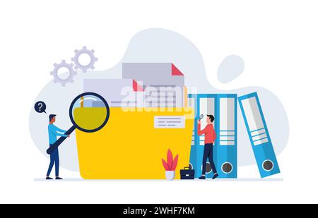 Lavoratori che cercano file. il dipendente utilizza una lente di ingrandimento. Raccoglitori di file, cartella gialla con documenti. File manager, archiviazione e indicizzazione dei dati. File SEA Illustrazione Vettoriale