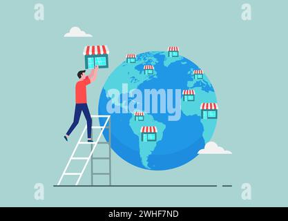 Business in crescita fino al concetto di mercato globale, un uomo d'affari intelligente espande i punti vendita in tutto il mondo, offre opportunità di business in franchising aperte per espandere i negozi Illustrazione Vettoriale