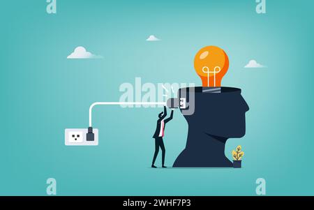 Idea di lampadine creative, uomo d'affari e testa umana con nuova innovazione e idea, Illustrazione Vettoriale