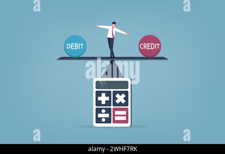 Uomo d'affari che mantiene l'equilibrio tra debito e credito sul concetto di seesaw, illustrazione vettoriale Illustrazione Vettoriale