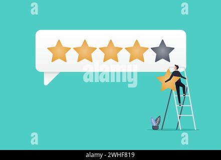 Un cliente che assegna una valutazione a 5 stelle, la reputazione e il feedback dei clienti, un uomo sale la scala per ottenere la migliore valutazione Illustrazione Vettoriale
