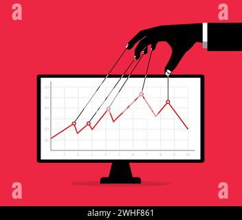 Manipolazione del mercato azionario, mano con stringhe sopra il grafico per la variazione, controllo del movimento dei prezzi, manipolatore del mercato per il controllo dei gr Illustrazione Vettoriale