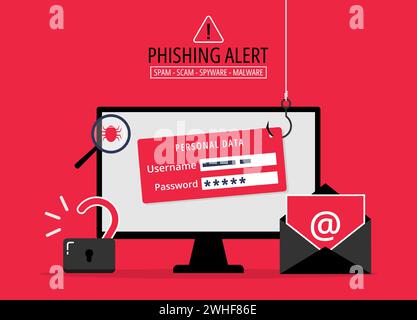 Concetto di avviso con esche da phishing, accesso all'e-mail dell'account con gancio da pesca, hacker che tenta di hackerare e rubare dati personali, avviso di sicurezza informatica da parte di cy Illustrazione Vettoriale