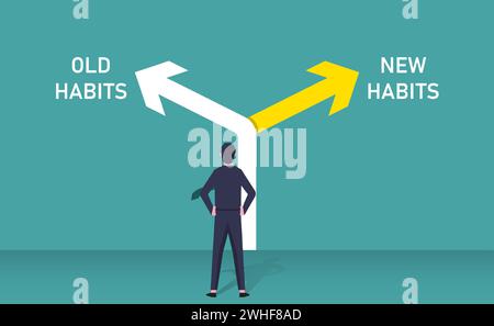 Concetto di vecchie abitudini contro nuove abitudini, uomo d'affari che si trova di fronte a Arrow ha scritto vecchie e nuove abitudini, scelta di dilemmi, pensiero positivo e motivazione Illustrazione Vettoriale