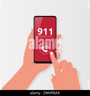 Tenere a mano il telefono con il simbolo della chiamata di emergenza. Illustrazione del vettore del concetto di sicurezza Illustrazione Vettoriale