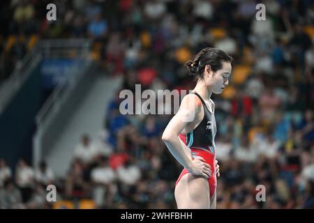 Doha. 9 febbraio 2024. Chang Yani della Cina gareggia durante la finale femminile di trampolino 3m dei Campionati mondiali di nuoto 2024 a Doha, in Qatar, il 9 febbraio 2024. Crediti: Xue Yuge/Xinhua/Alamy Live News Foto Stock