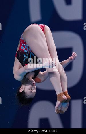 Doha. 9 febbraio 2024. Chang Yani della Cina gareggia durante la finale femminile di trampolino 3m dei Campionati mondiali di nuoto 2024 a Doha, in Qatar, il 9 febbraio 2024. Crediti: Du Yu/Xinhua/Alamy Live News Foto Stock
