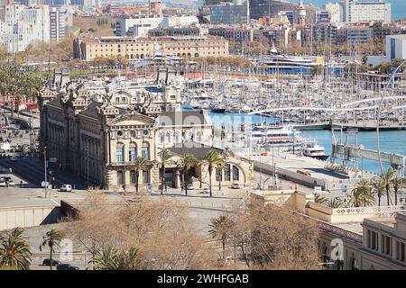 Vista aerea del Port Vell di Barcellona, Spagna Foto Stock