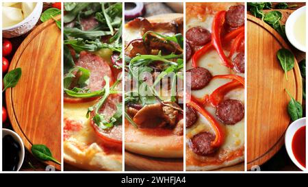 Collage con diversi tipi di pizza Foto Stock