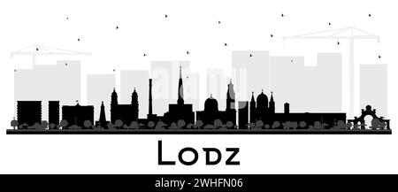 Profilo della città di Lodz Polonia con edifici neri isolati sul bianco. Illustrazione vettoriale. Paesaggio urbano di Lodz con monumenti storici. Illustrazione Vettoriale